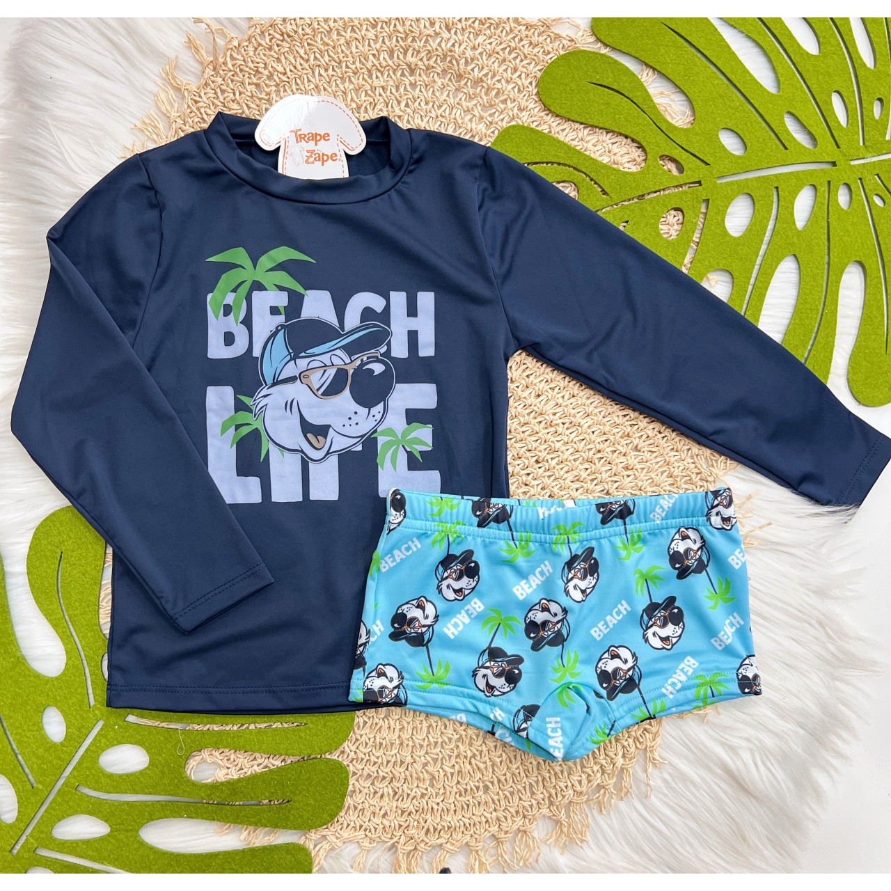 Praia Blusa Urso Branco Beach Life com Proteção UV50+ e Sunga - Azul e Marinho